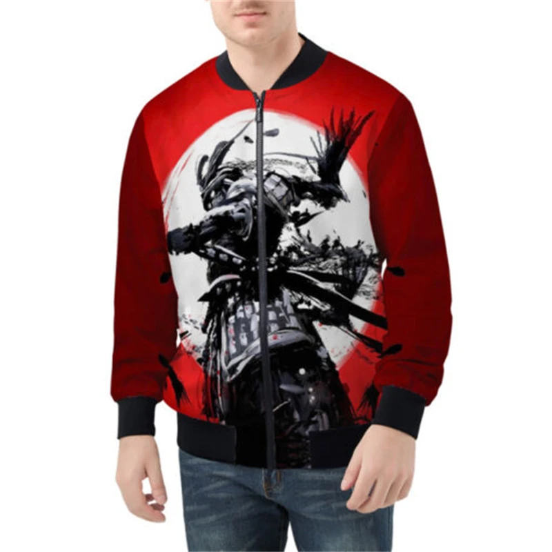 thumbnail image 1 of Chaqueta de primavera y otoño para hombre, con estampado 3D de máscara de samurái Oni y tatuaje, con cremallera por todas partes, chaquetas de bombardero para hombre, abrigos casuales unisex, ropa gen, 1 of 4