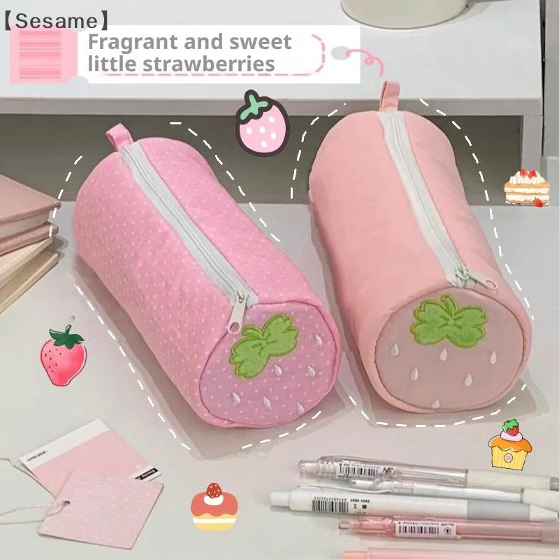 (참깨)크림 딸기 물방울 무늬 핑크 필통 학생 문구류 개학 준비물 보관 가방 학용품 펜 문구류