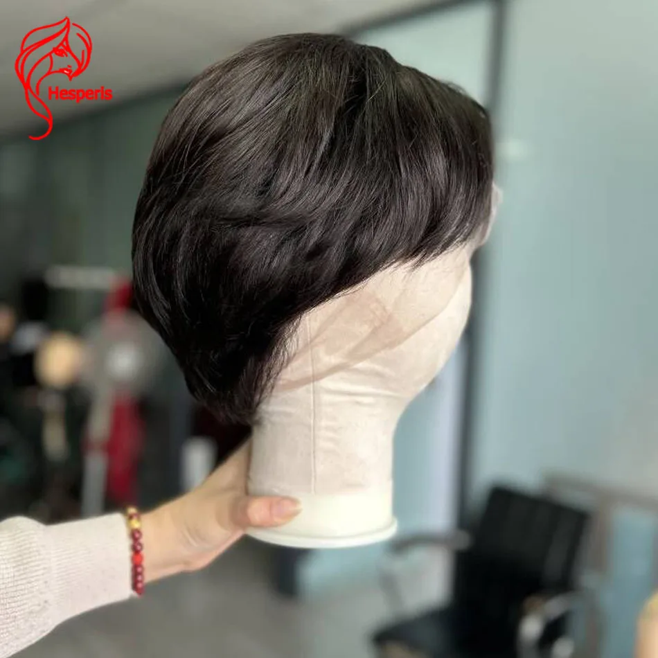 Hesperis Natural Color Full Lace Wig For Men Short Cut Human Hair Wigs Pre Styled Transparent Full Lace Male Wigs Side Bangs