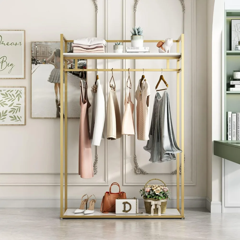 Sturdy Gold Metal Clothing Rack with Hanging and Shelves for Retail Display, 47.24 Linear Feet