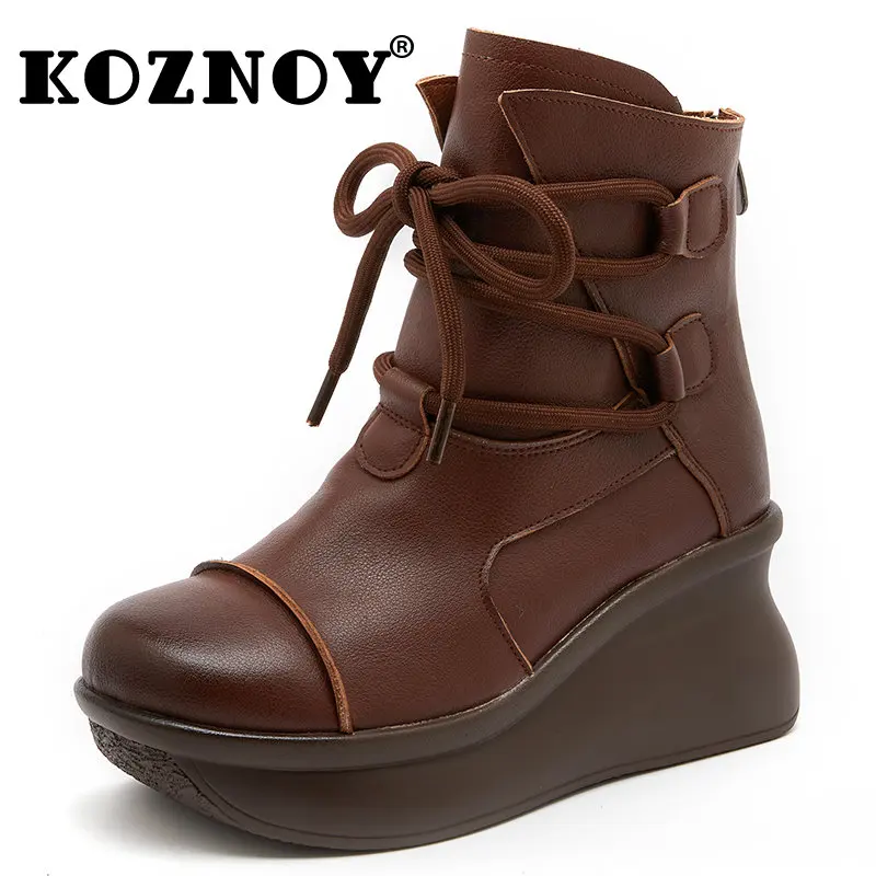 

Koznoy 7cm Retro Genuine Leather Autumn British Ethnic Platform Wedge Ankle Mid Calf Motorcycle Booties Woman Lace Up Lady Shoes