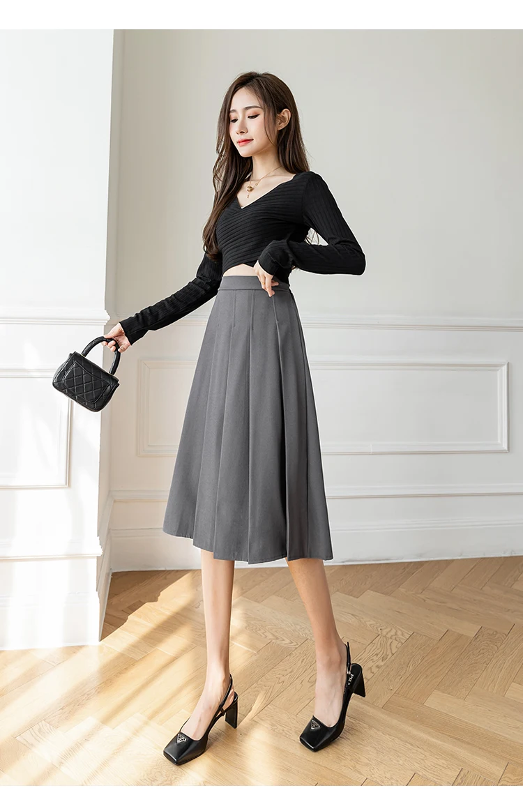 plaid skirt Ladies Elegant A-line Long Skirts New Arrival 2022 Spring Korean Style All-match High Waist Women Casual Pleated Skirt W968 leather skirt