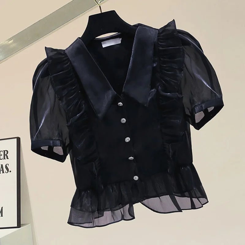 

Beautiful Women Fine Elegant Blouses Fashion 2023 Summer Short Sleeve Organza Shirts Ladies Office Tops Free Shipping Clothing