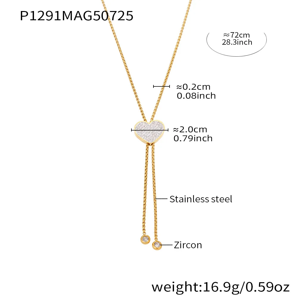 Glänzende Herz Zirkon Intarsien Anhänger Lange Halskette Für Frauen Edelstahl Wasserdicht Einstellbar Schlüsselbein Halsband Pullover Schmuck – Detail 5