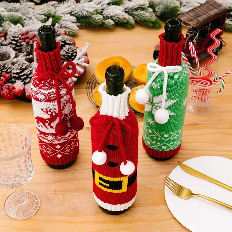 Knitted Red Wine Bottle Covers for Christmas Party Decorations