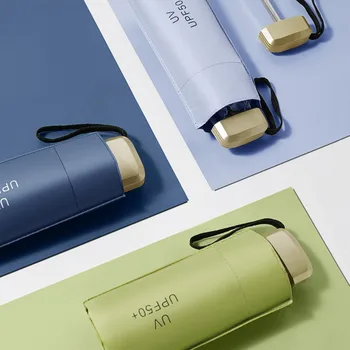 Close-up of BreezeLite5F compact umbrellas in light blue, dark blue, and green, highlighting their UV protection and elegant design.