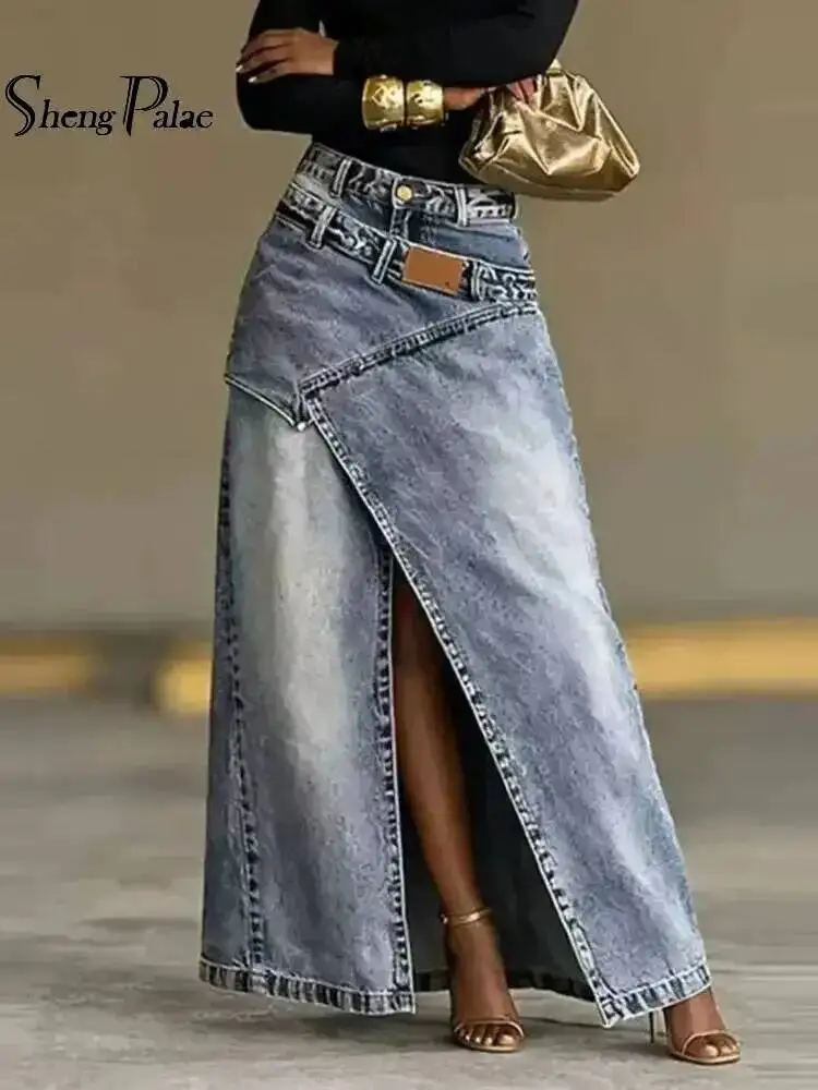 SHENGPALAE Women Baggy Denim Skirt High Waist Irregular Slit A Line Maxi Casual Fashion Personality Summer 2026 New 05E03085