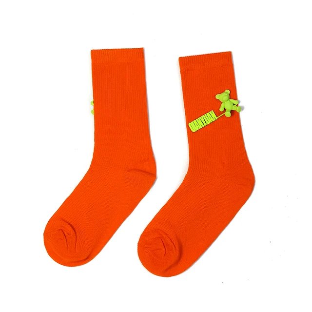 Black and White Pure Color Tube Socks Female Pin Bear Lovely Personality Tide Socks INS Korean Students Long Tube Cotton Socks 19