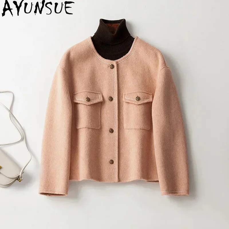 

90% AYUNSUE Wool 10% Alpaca Jackets for Women 2024 New Autumn Winter Short Single-breasted Coat Round-neck Jaqueta Feminina