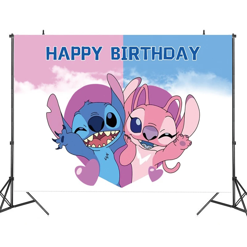 thumbnail image 1 of Fondo de ángel de Lilo y Stitch de Disney, decoraciones personalizables para fiestas de feliz cumpleaños, suministros para fiestas de baby shower, 1 of 5