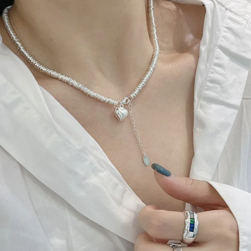 Silver Color Love Heart Pendant Thick Chain Necklace for Women Sexy Trendy Clavicle Choker Jewelry Gifts