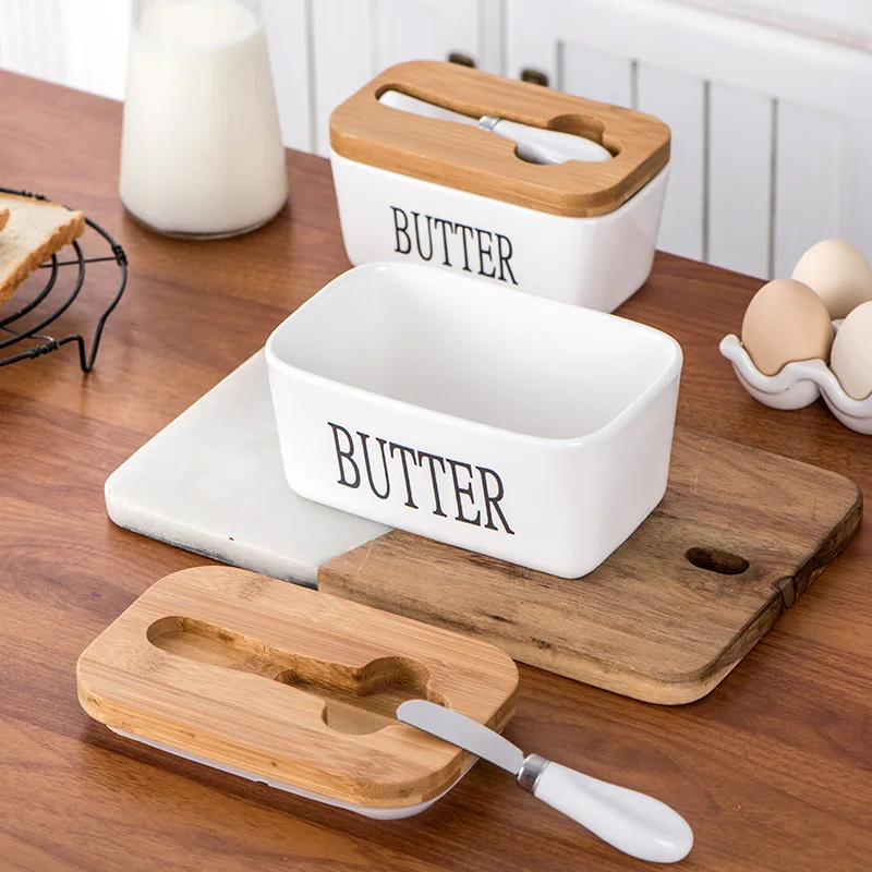 Butter Container Ceramic Box Restaurant Sealed Storage Box Cheese Dish with Knife Bamboo Lid Butter Slicer Tableware