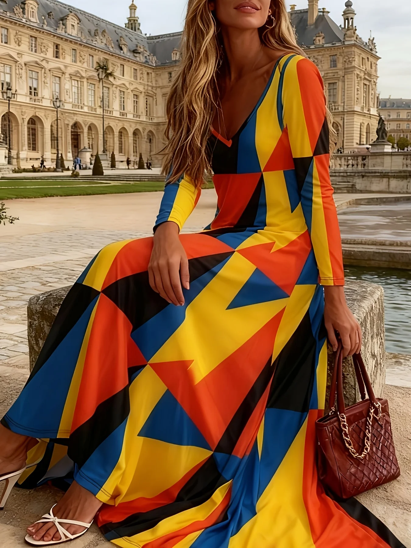 Damen-Kleid mit langen Ärmeln und V-Ausschnitt, lässig, für den Sommerurlaub, Party, A-Linie, Midikleid, elastische Taille, fließend, ärmellos, optionale Ärmel