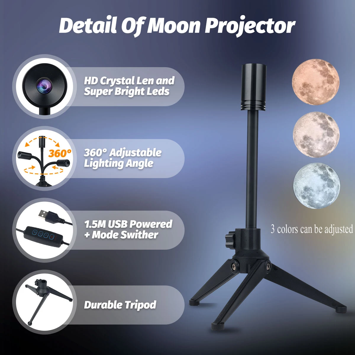Upgrade Non-Fade Moon Projector Night Light USB 3 Lighting Colors Moon Lamp Brightness Adjustable Atmosphere Wall Ceiling Decor