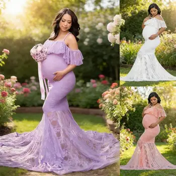Soft Breathable Fabric Maternity Gown Women Dress Elegant Lace Detailing and Trailing Hem for Most Trimesters A2UB