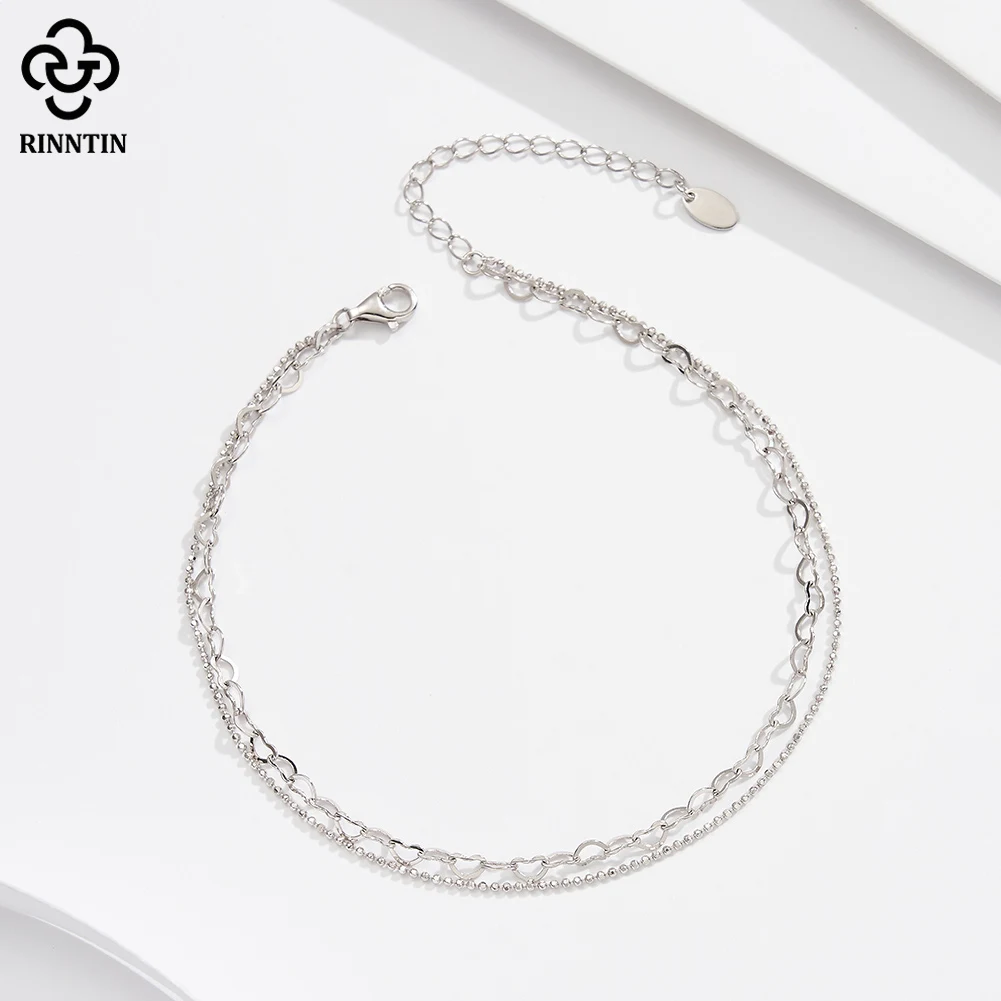 Rinntin 925 Sterling Silver Layered Ball Bead Anklet with Rolo Heart Link Chain for Women  Summer Foot Ankle Straps Jewelry SA66