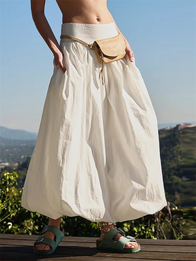 CHRONSTYLE Women Long Maxi Skirts Casual Loose Fit Elastic Waist Solid Color Ruched Pleated Skirts for Summer Spring Streetwear picture