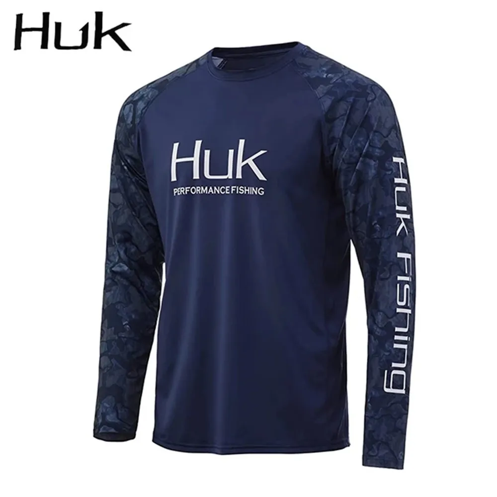 HuK 남성용 라운드 넥 낚시 셔츠 UV 보호 긴 소매 야외 스포츠웨어