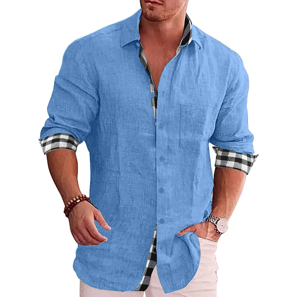 

2024 Men's Long-Sleeved Shirts Solid Color Stand-Up Collar Casual Beach Style Casual Handsome Men Shirts S-5XL