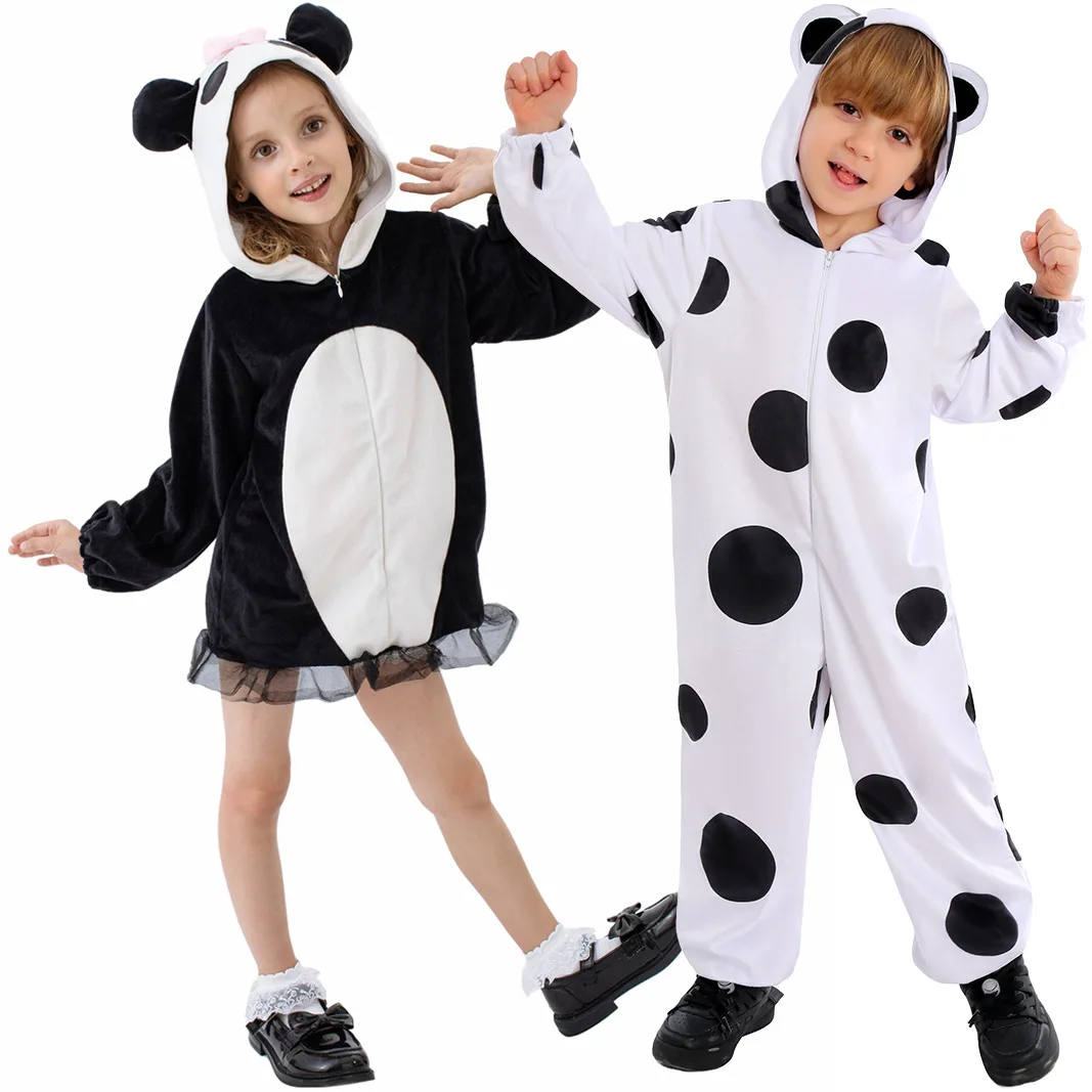 

Детский костюм панды для косплея, комбинезон с животными для мальчиков и девочек, модное милое платье, костюм для выступления, черная белая сценическая одежда
