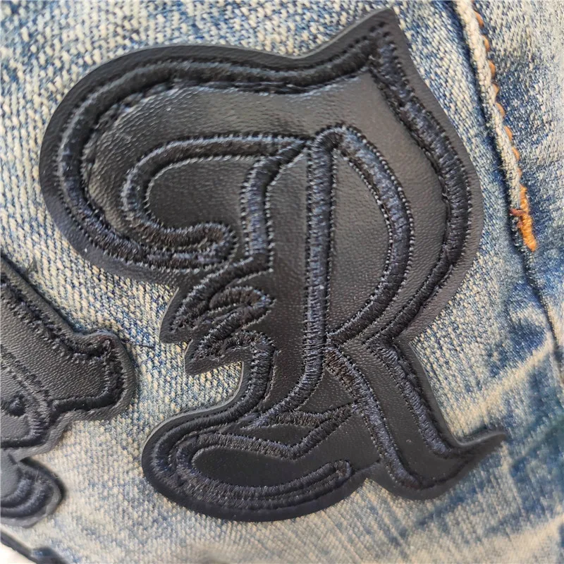 Men Jean Hole Patch Ripped Jeans Stretch Pencil Pant Streetwear Elastic Hip Hop Star Pattern Jean men jeans ripped jeans ripped patchwork jeans