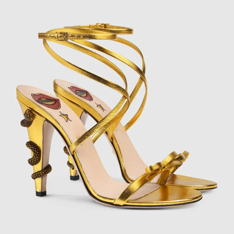 

Summer New Fashion Snake Decoration Women's High Heels Gold Silver Sexy Pole Dance Girls Sandals Handmade Party Ladies Shoes