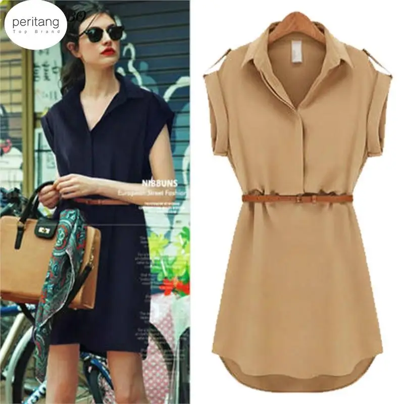 

Women Summer Mini Dress Shirt Notched Neck Short Solid Chiffon Casual Office Dresses With Belt Vestidos De Festa Female