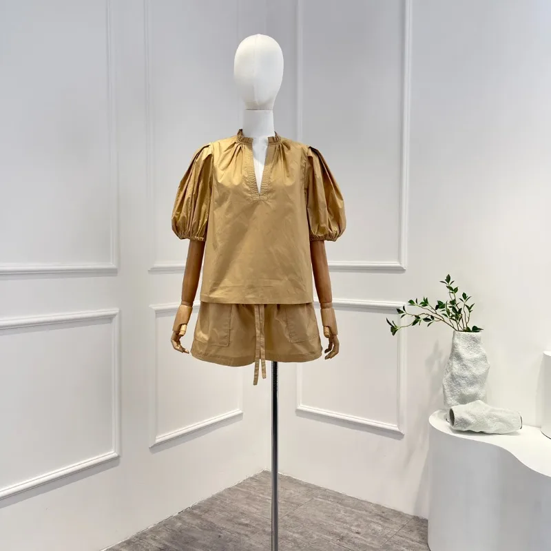 

2023 Spring Summer Top Quality Women Khaki Brown Solid Cotton Puff Sleeve Blouse and Shorts Set