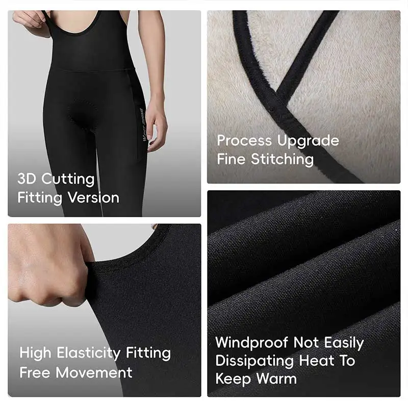 WEST BIKING Autumn Winter Cycling Pants Men Women High Elastic 3D Cutting Velvet Lining Bib Pants Comfortable Pad Windproof Pant