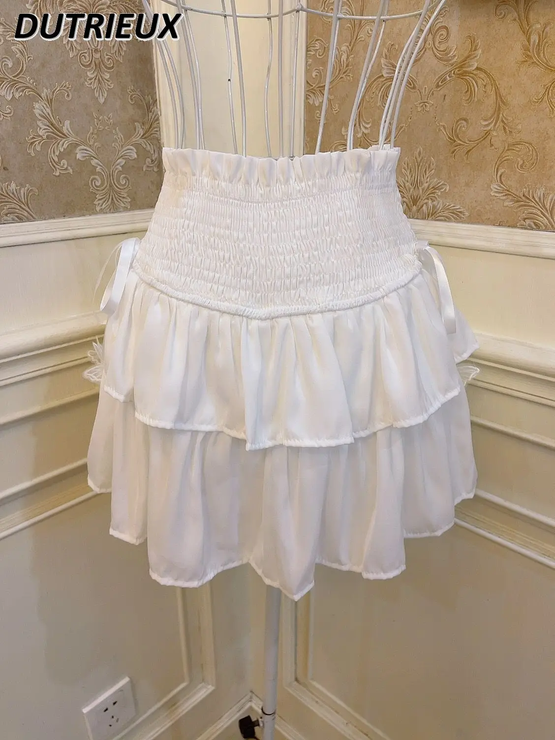 

Fashion Sweeet Cute Short Lolita Lady Skirt for Bow Casual Mini Skirt for Women Bandage Ruffle Elegant High Waist Skirt Female