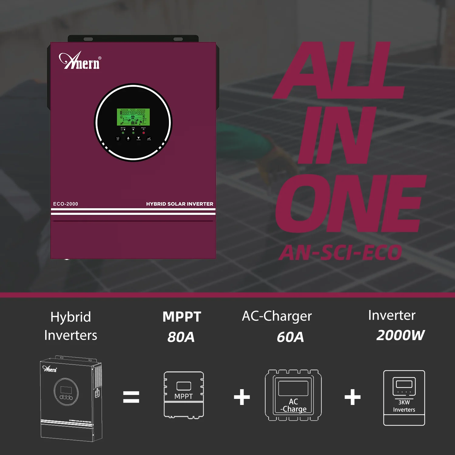 Anern 220V/230V/240V 하이브리드 태양광 인버터 1.6KW/3KW 오프 그리드 순수 사인파 12V/24V PV MPPT 충전 컨트롤러 포함 인버터