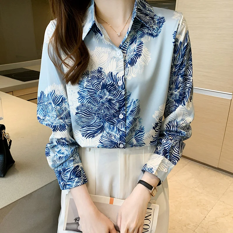 Fashion Woman Blouse 2023 Autumn Polo-Neck Loose Womens Tops Print Vintage Long Sleeved Blouses Satin Women's Clothing OL Shirts