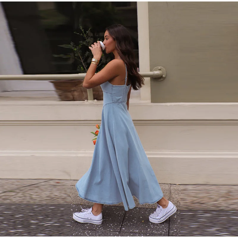 Damen-Maxikleid mit Trägern, ärmellos, gewaschener blauer Denim, weiblich, trendig, Sommer, Strand, Party, Streetwear, lange Kleider für den täglichen Gebrauch – Detail 4