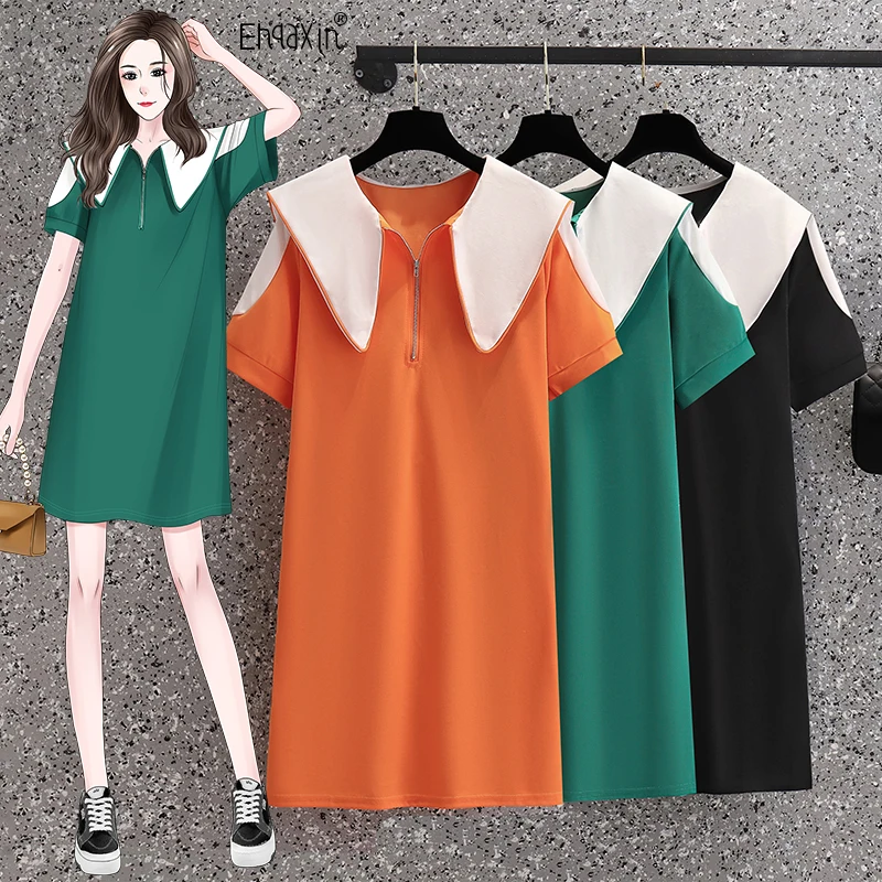 

EHQAXIN Ladies Summer New Dress Fashion Loose Zipper Lapel Mid Length Short Sleeve Casual Pullover Dresses For Female M-4XL