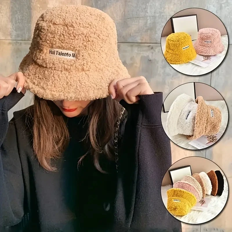 Women Lamb Bucket Hat Autumn Winter Thicken Plush Wool Warm Flat Top Fisherman Hats Outdoor Windproof Panama Bowl Beanie Caps