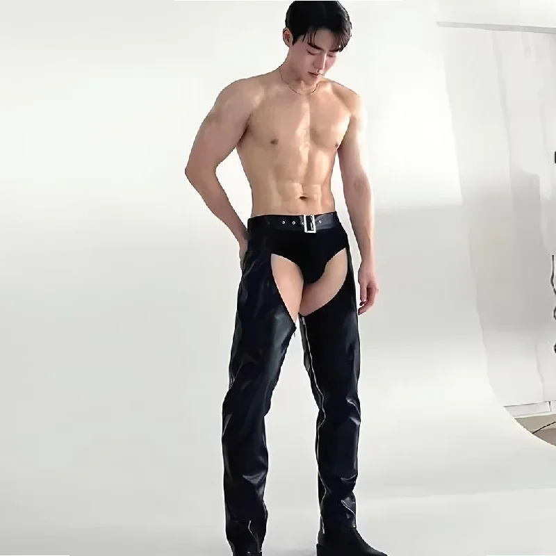 Men Exotic Open Crotch Faux Leather Pants Sexy Low Waist Fetish PU Trousers Gothic Pole Dance Nightclub Costume Clubwear Custom