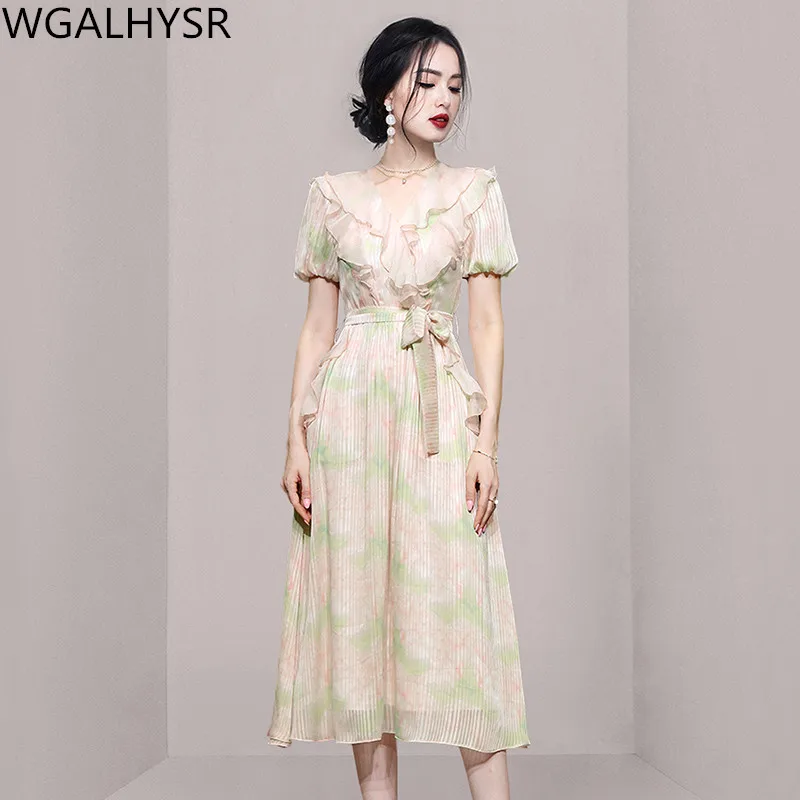 

2024 New Fashion Runway Summer Women's Dress Temperament V-Neck Flounces Lantern Sleeve Slim Print Dresses