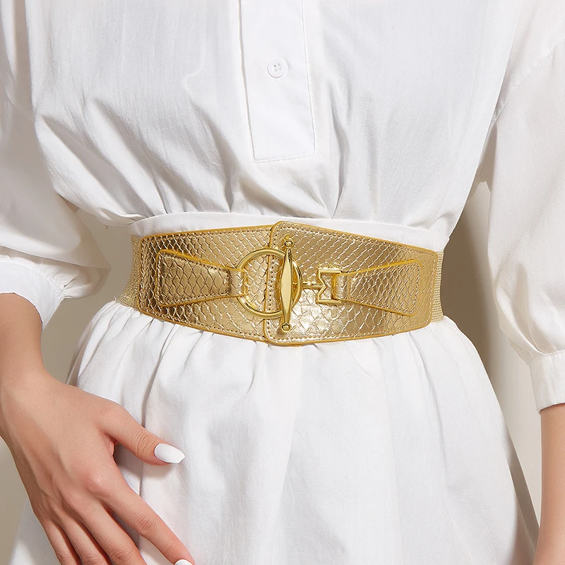 

Wide Elastic Golden Women Corset Belt Fashion Metal Buckle Skinny Waistband Coat Dress Decorative Cummerbund Girdle