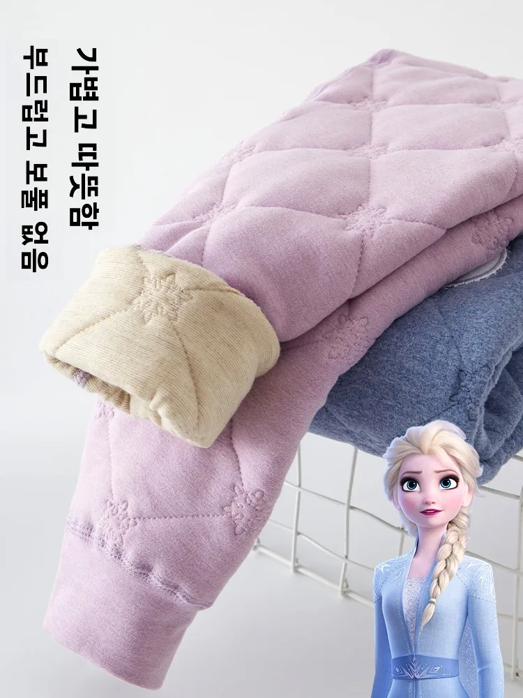 디즈니 프린세스 두꺼운 따뜻한 바지 교복 내복 겨울 어린이 면바지 여학생 하이웨이스트 롱 팬츠