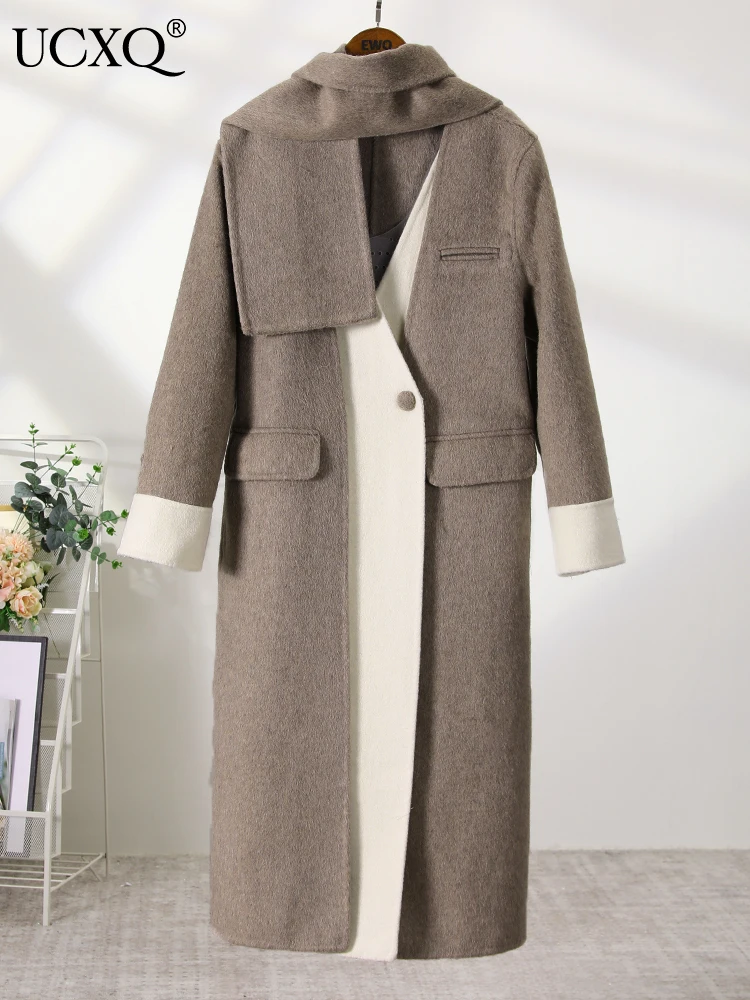 

UCXQ Elegant Double-faced Cashmere coffee Coat Long Sleeve Thick Warm Overcoat Autumn 2023 Winter High Quality Women Jackets A4