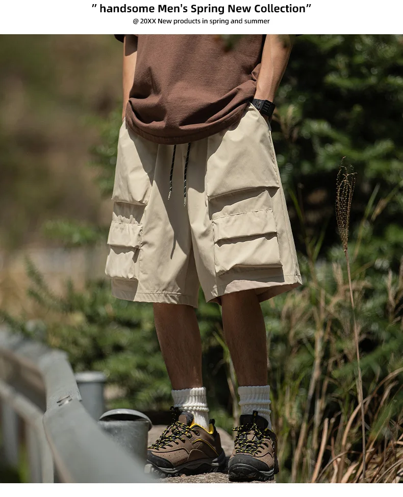 Outdoor three-dimensional large pocket workwear shorts, straight tube loose casual capris gym shorts men