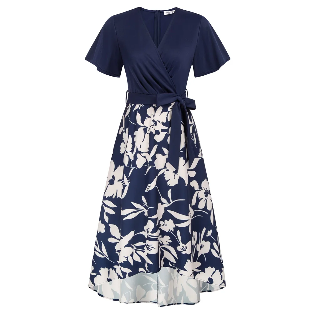 

Jasambac Summer Dress Women Retro High-Lo Dress OL Floral Printed Short Sleeve V-Neck Elastic Waist A-Line Dress Vestidos