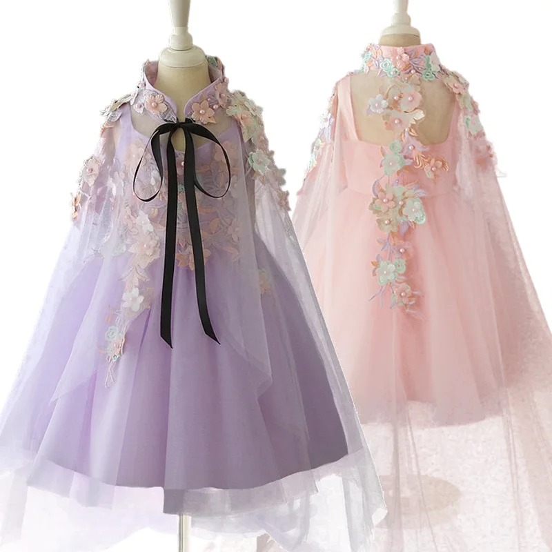 

Summer Kids Pink Flower Girls Wedding Dress With Tulle Cloak Lilac Birthday Ceremony Party Junior Bridesmaid Gown Size 2-14