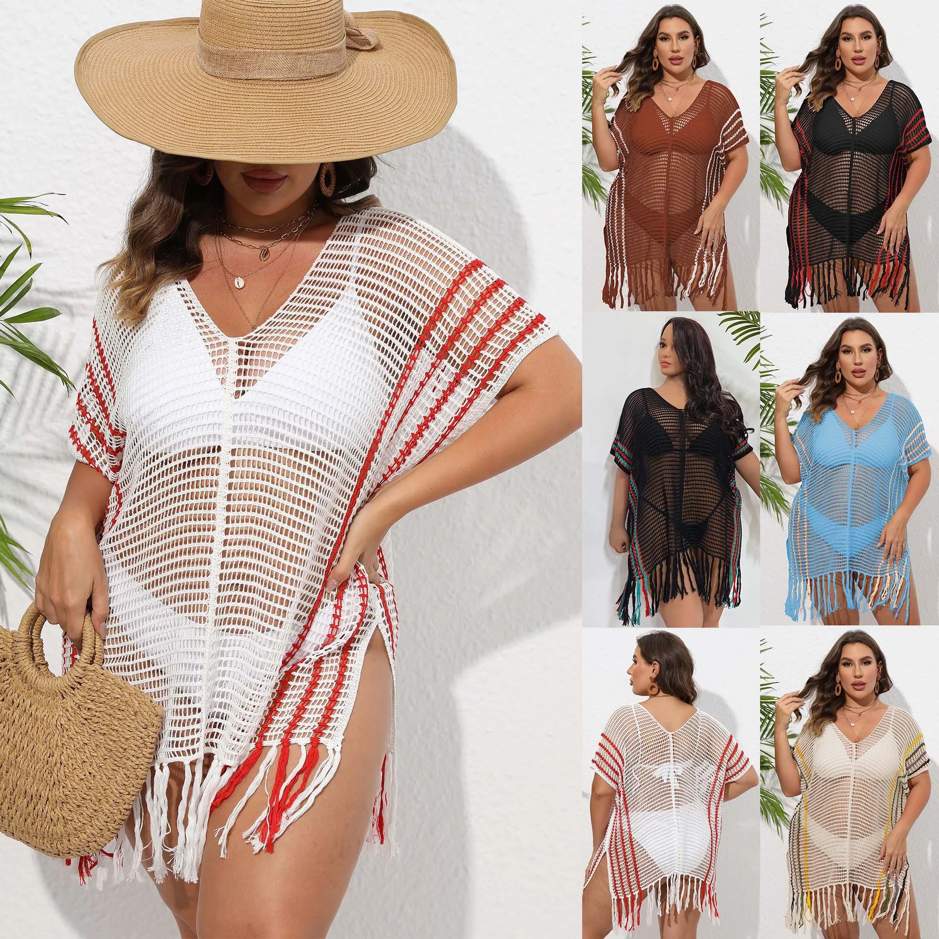 

Sexy Beach Cover Up for Swimwear Women Tassel Plus Beachwear Pareos De Playa Mujer Knit White Kimono Femme Vestido Big Cover Ups