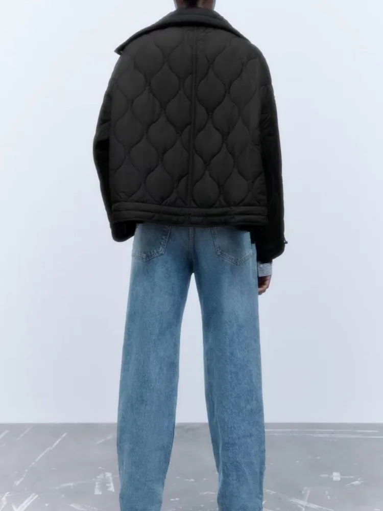 Vintage Quilted Jacket Cotton Coat Women Outerwear Y2k Autumn Winter Jacket Long Sleeve Pocket Streetwear Casual Loose Crop Tops