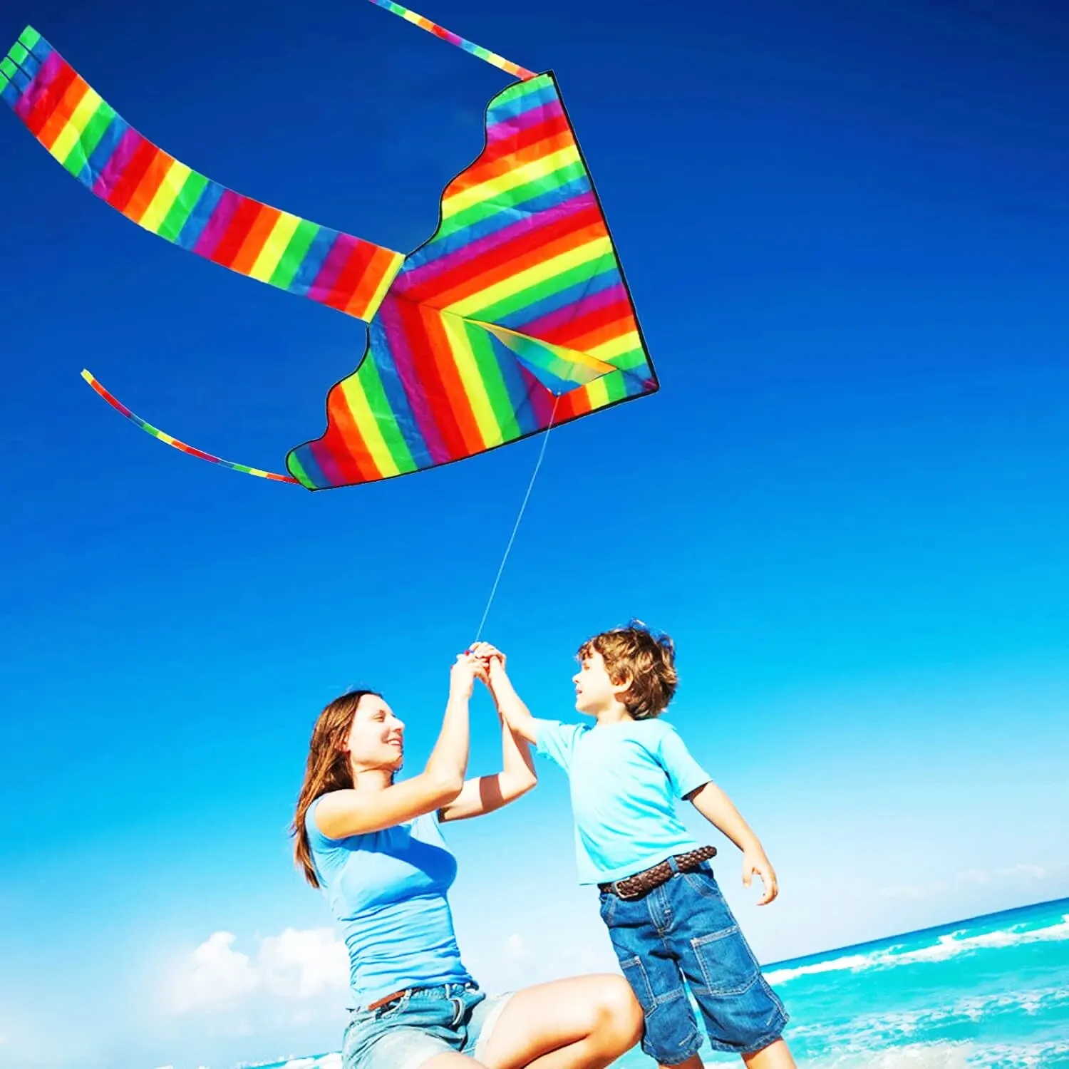 Outdoor Fun Sports Colorful Rainbow Kite With Handle And String For Kids Beach Toys Good Flying