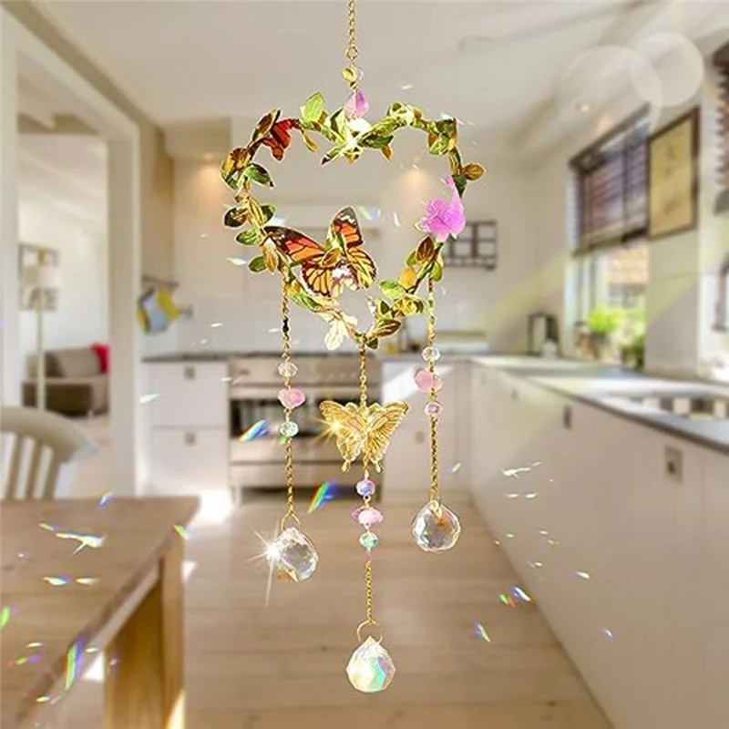 A82X-Heart Suncatchers Window Hanging, Colorful Crystal Suncatcher With Butterfly, Crystals Light Catcher With Prisms Garden