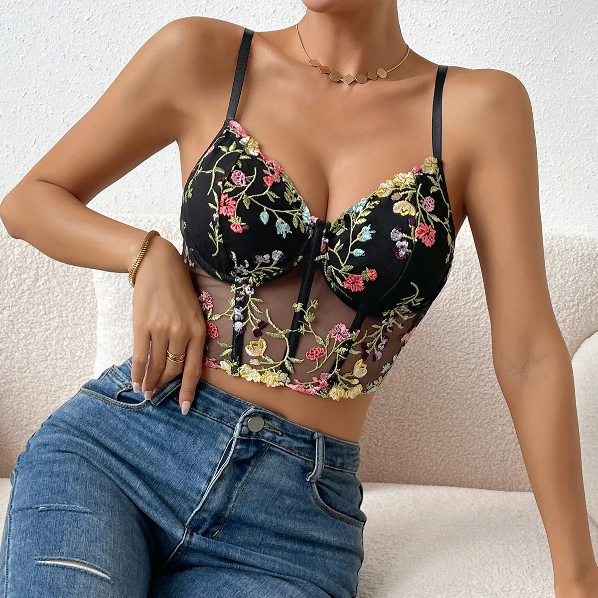 Summer Women's French Floral Perspective Corset Top Crop Tank Tops Ladies Tops Sexy Fashion Bustier Lingerie Camis Streetwear corset bustier top waist corset lace lingerie lace corset lace lingerie set