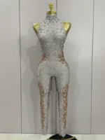 Sexy Sparkly Rhinestones Sleeveless Sheath Jumpsuit Women Celebrate Evening Birthday Party Nightclub Dance Luxury Stage Outfit