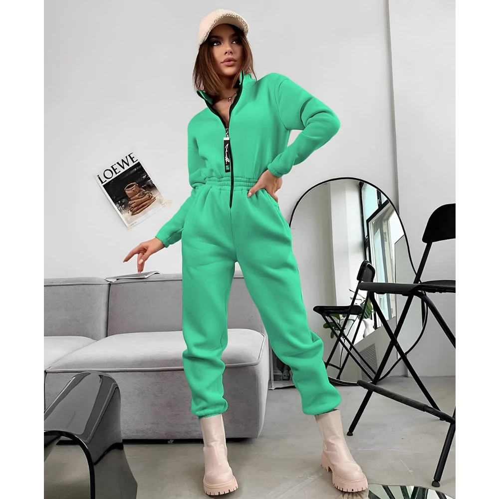

Wepbel Zipper Long Sleeve Regular Jumpsuits Slim Fits Women's Jumpsuits Tracksuits Solid Color Sports Straight Pants Rompers